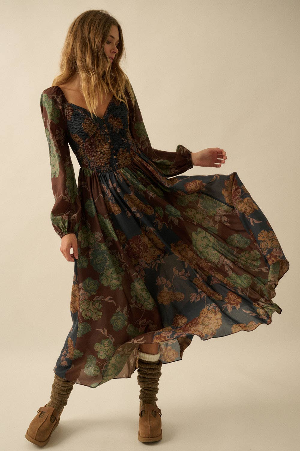 Floral-Print Smocked Sweetheart Maxi Peasant Dress