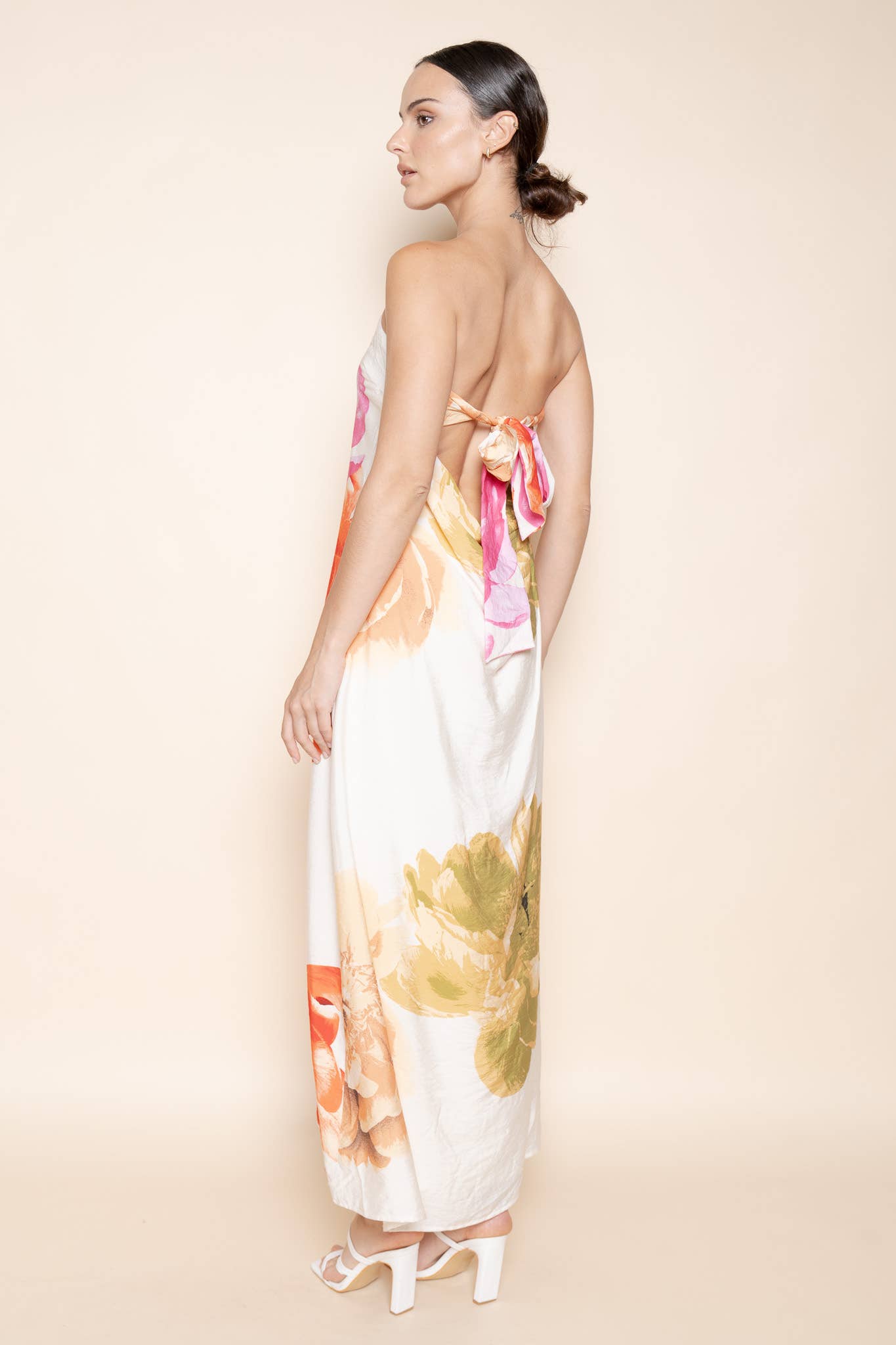 FLORAL STRAPLESS A LINE TIE BACK MAXI DRESS