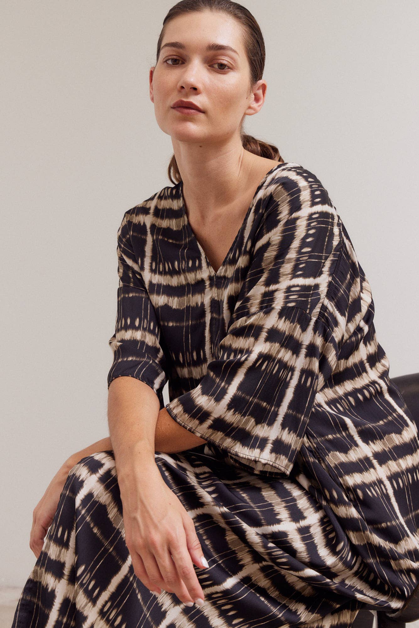 Black Satin Print Tunic Dress