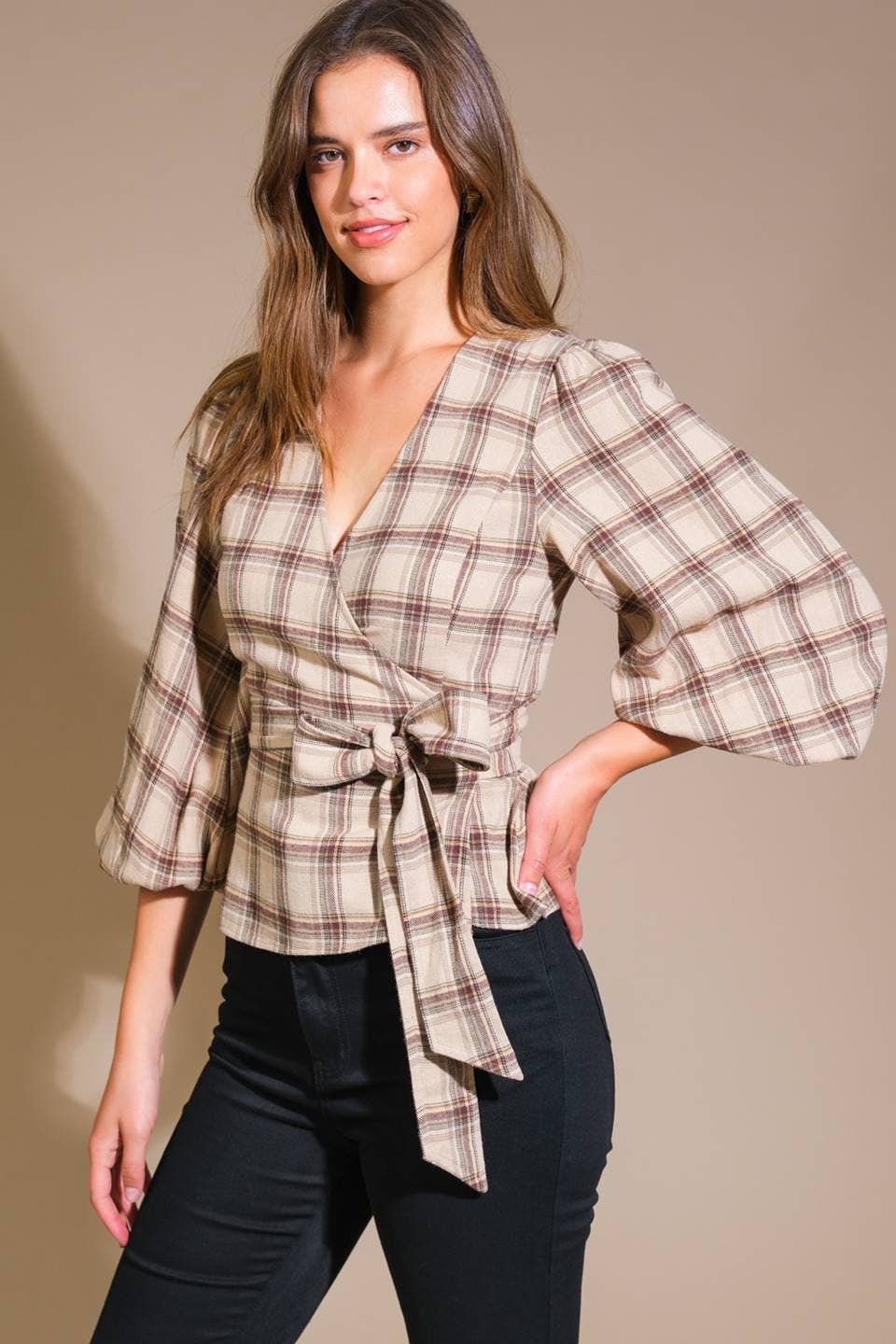 Brown Plaid Tie Waist Top