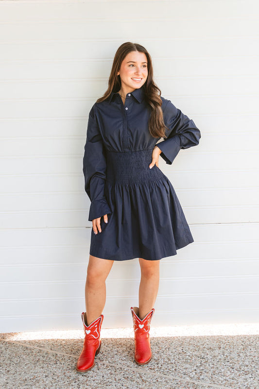 Navy Long Sleeved Smocked Mini Shirt Dress