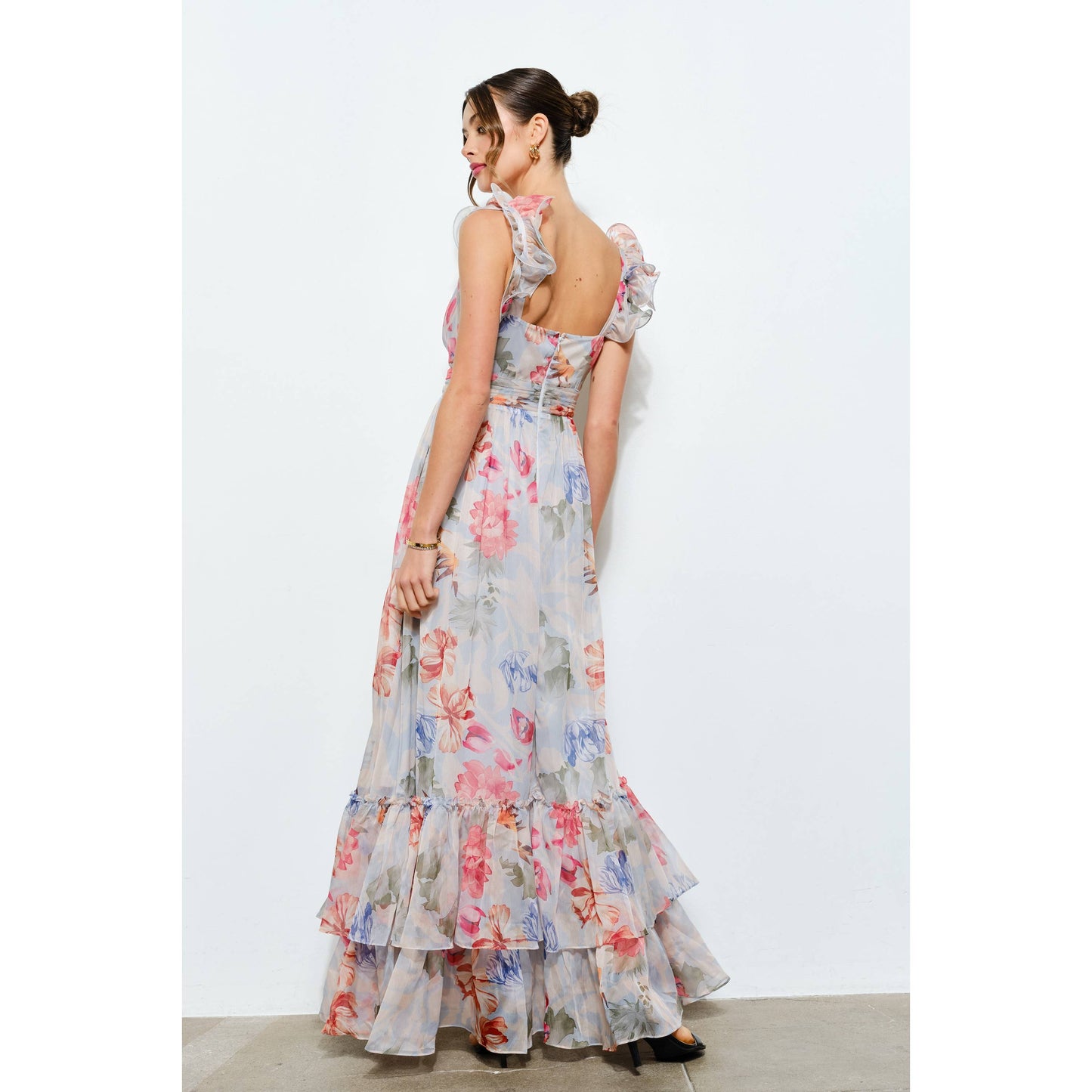 Ruffled Shoulder Floral Chiffon Tiered Maxi Dress