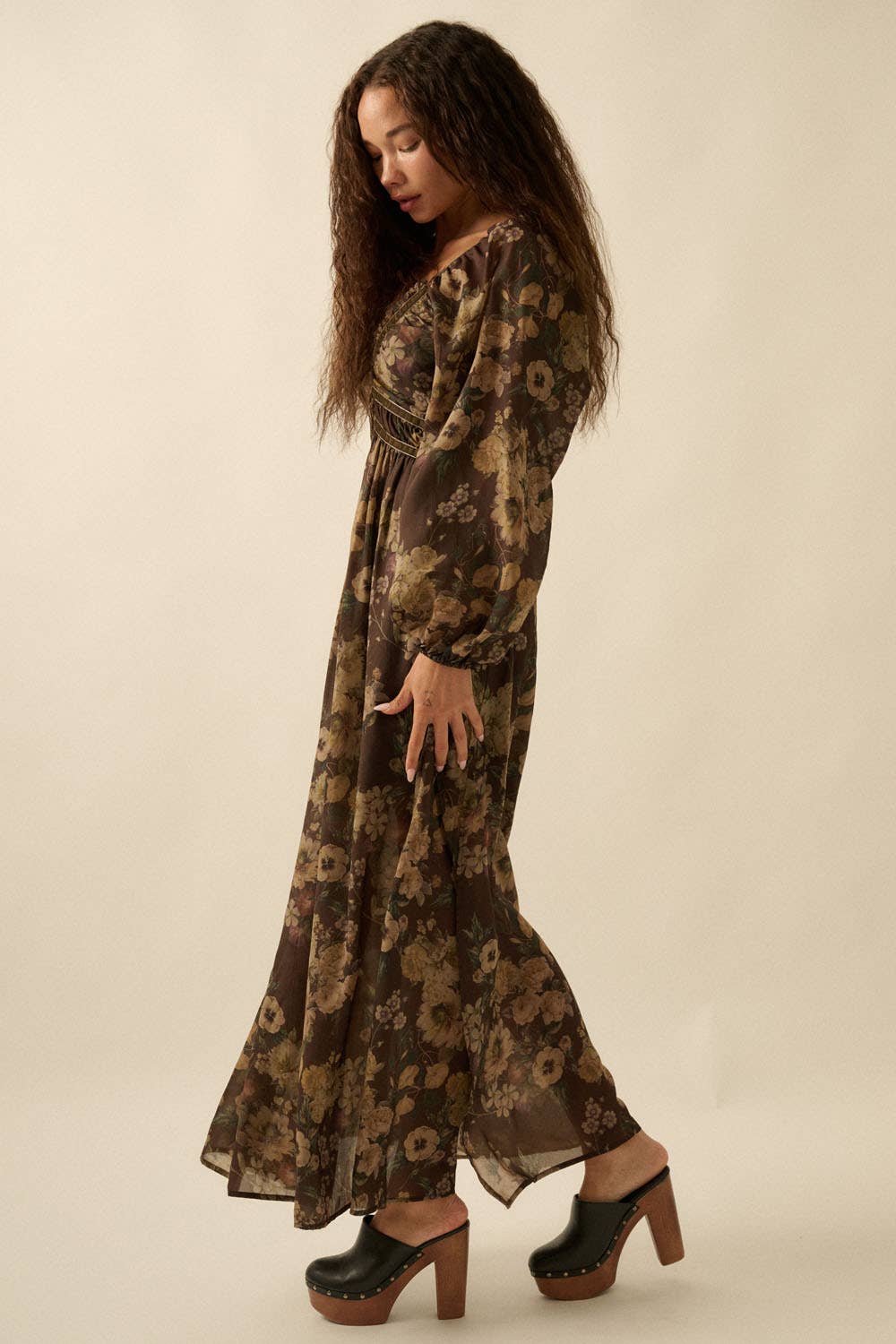 Floral-Print Velvet-Trimmed Maxi Peasant Dress