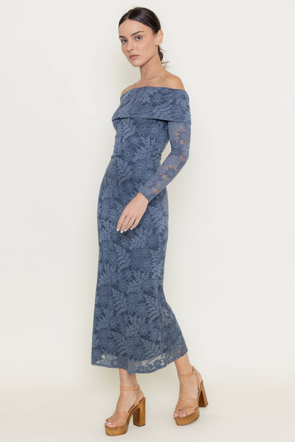 LACE FOLD OVER NECKLINE LONG SLEEVE MAXI DRESS