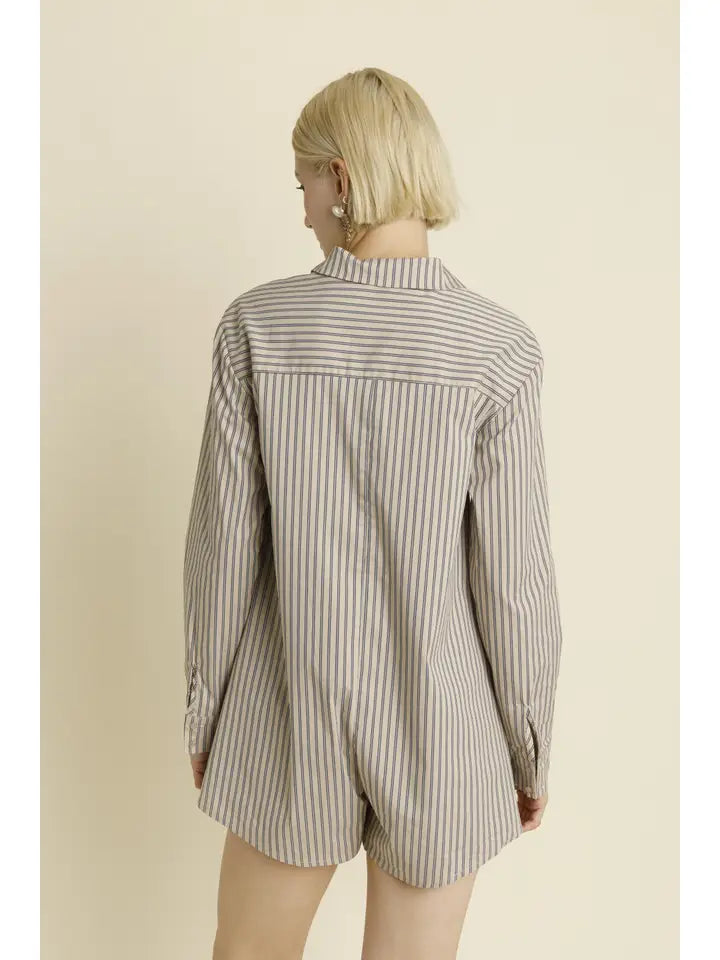 Tan/Navy Oversized Striped Shirt Romper
