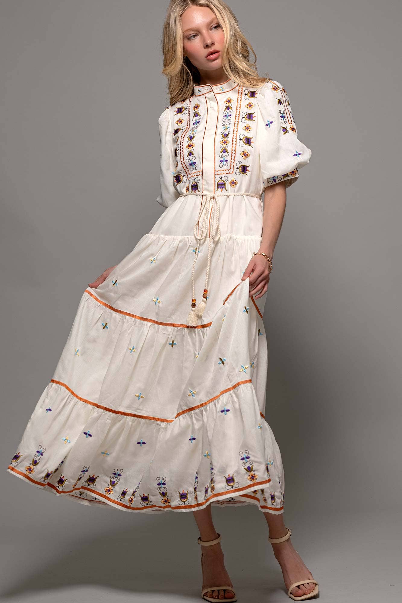 Embroidered Balloon Sleeve Tiered Midi Dress