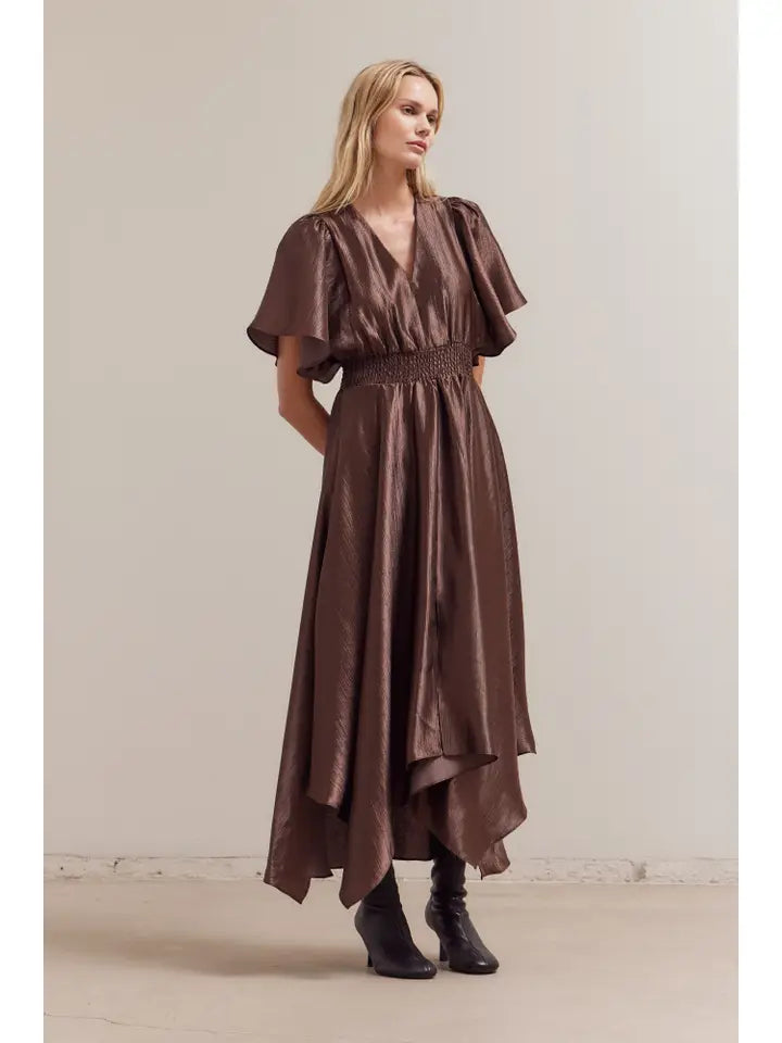 Unbalanced Wrinkle Satin Maxi Dress - Chocolate