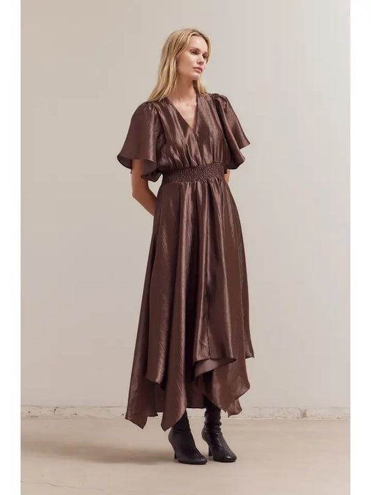 Unbalanced Wrinkle Satin Maxi Dress - Chocolate