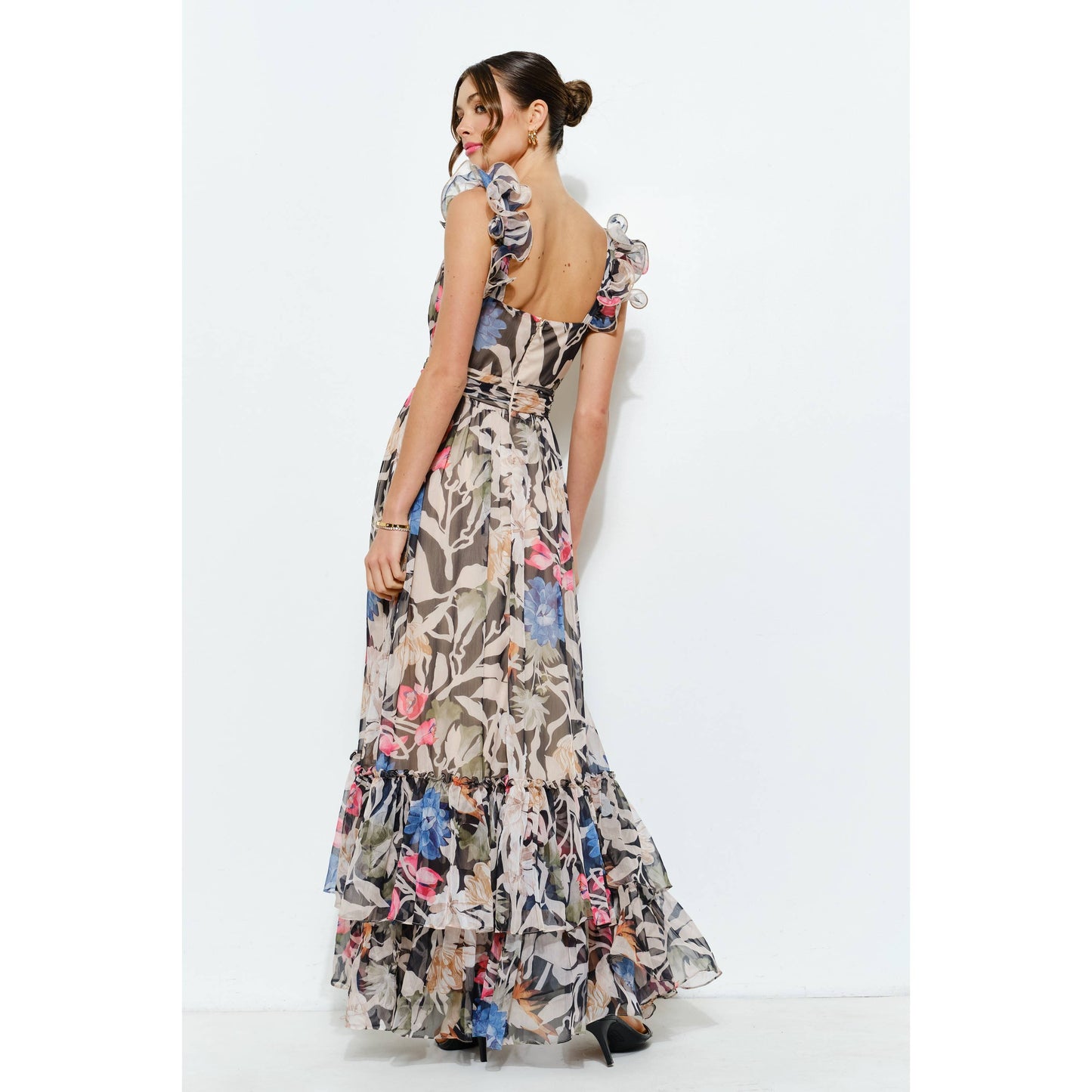 Ruffled Shoulder Floral Chiffon Tiered Maxi Dress