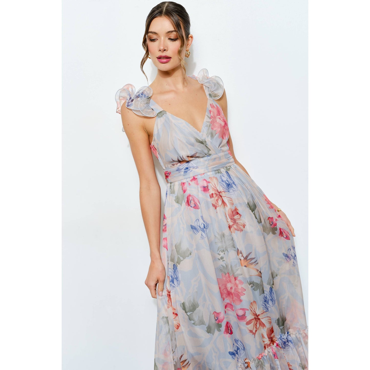 Ruffled Shoulder Floral Chiffon Tiered Maxi Dress
