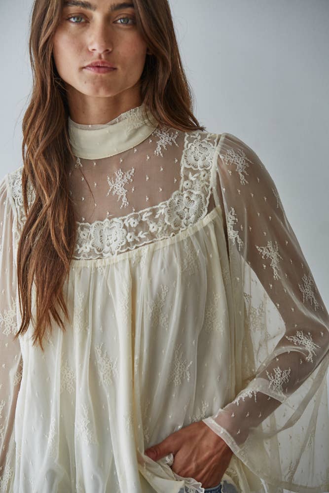 Cream Lace Mock Neck Long Bell Sleeve Blouse
