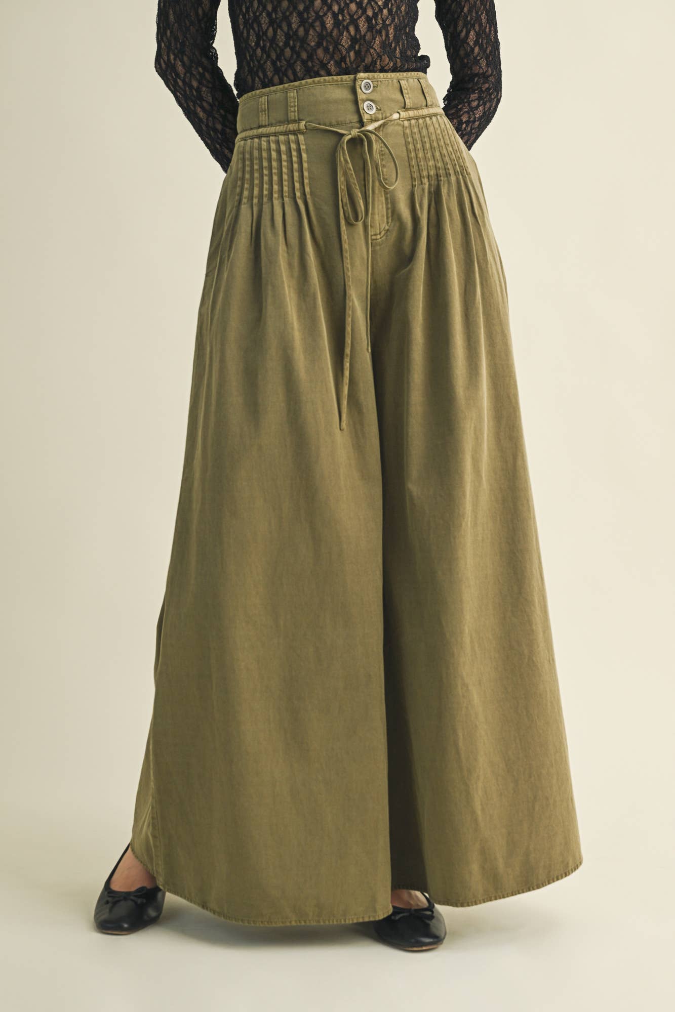 Olive Pintuck Wide Leg Pants