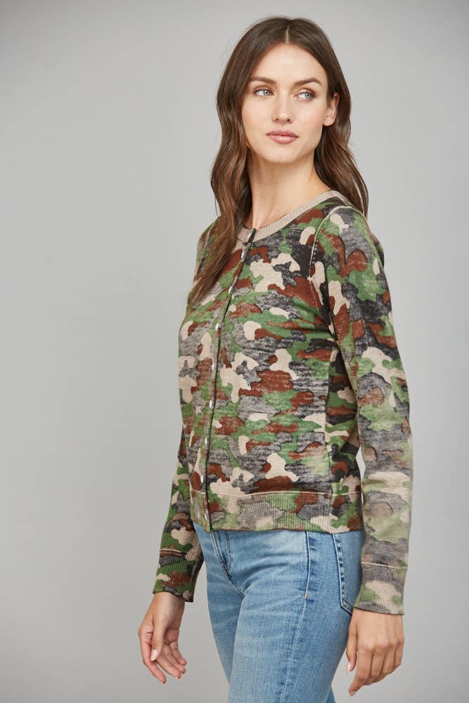 CAMO PRINT FRONT BUTTON CLOSURE CARDIGAN