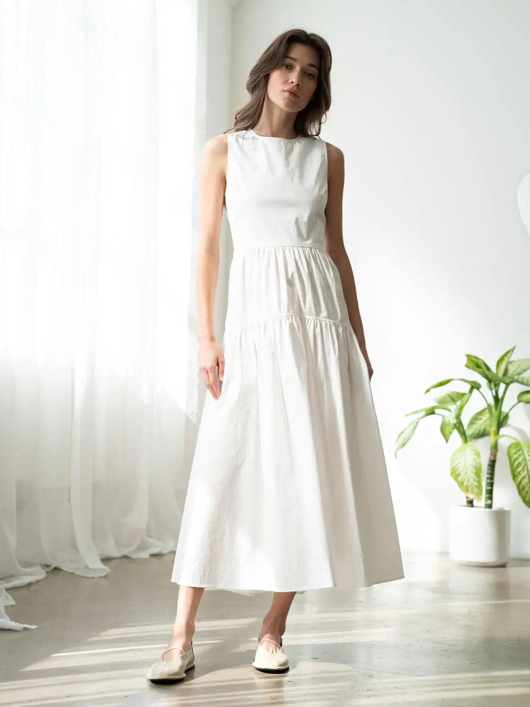 Sleeveless Tiered Dress w/Back Ruched Detail