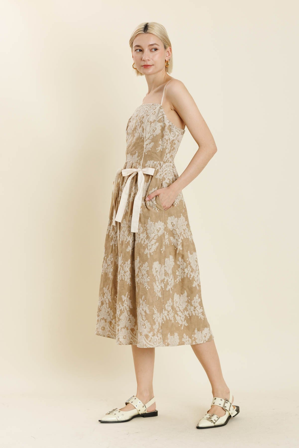 Tan Embroidered Midi Dress w/Ties
