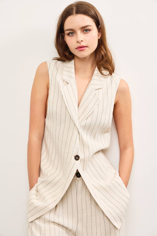 Oatmeal Sleeveless Striped Blazer