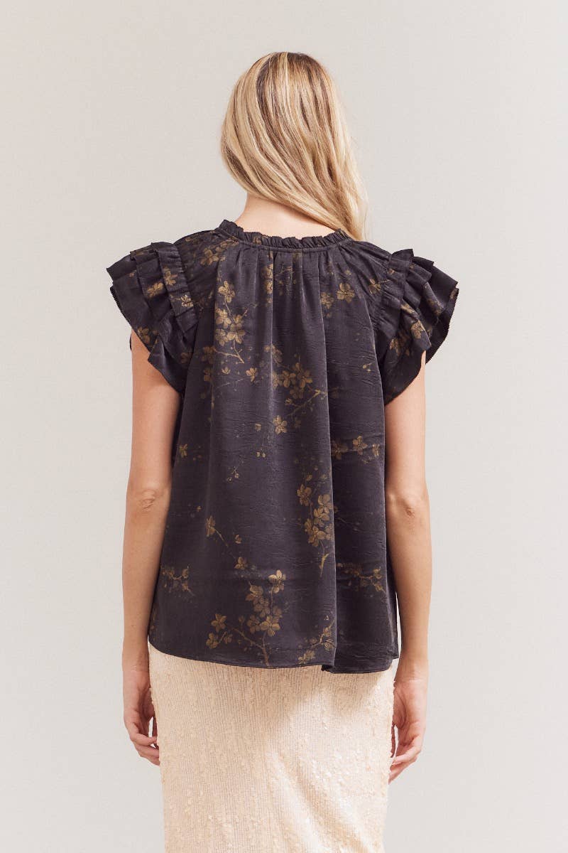 Black Floral Printed Top w/Ruffles