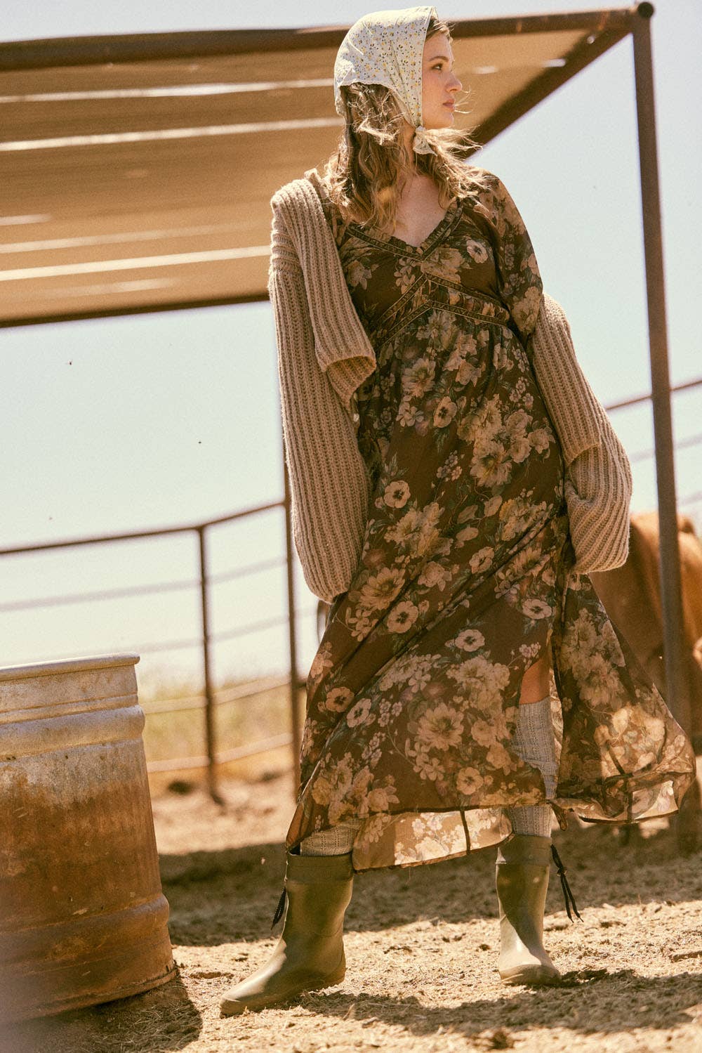 Floral-Print Velvet-Trimmed Maxi Peasant Dress
