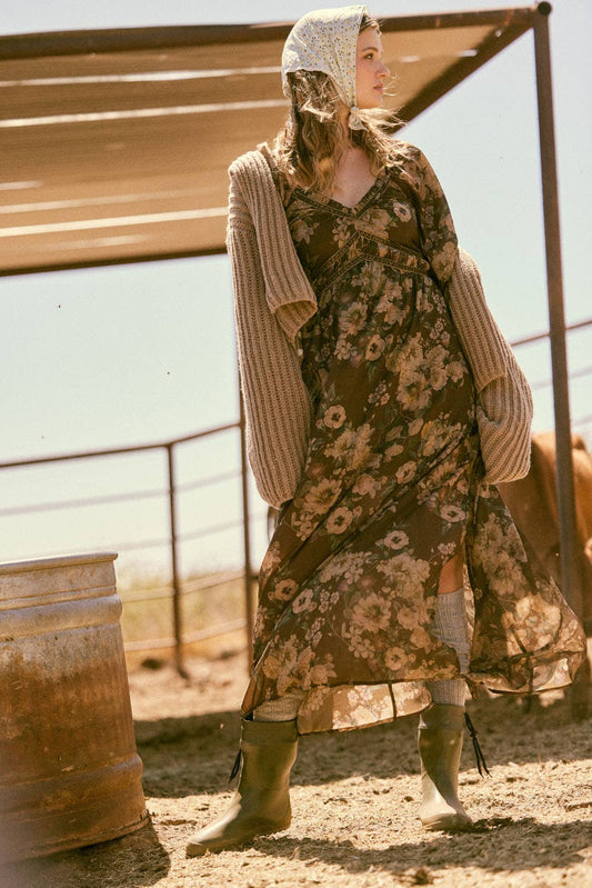Floral-Print Velvet-Trimmed Maxi Peasant Dress