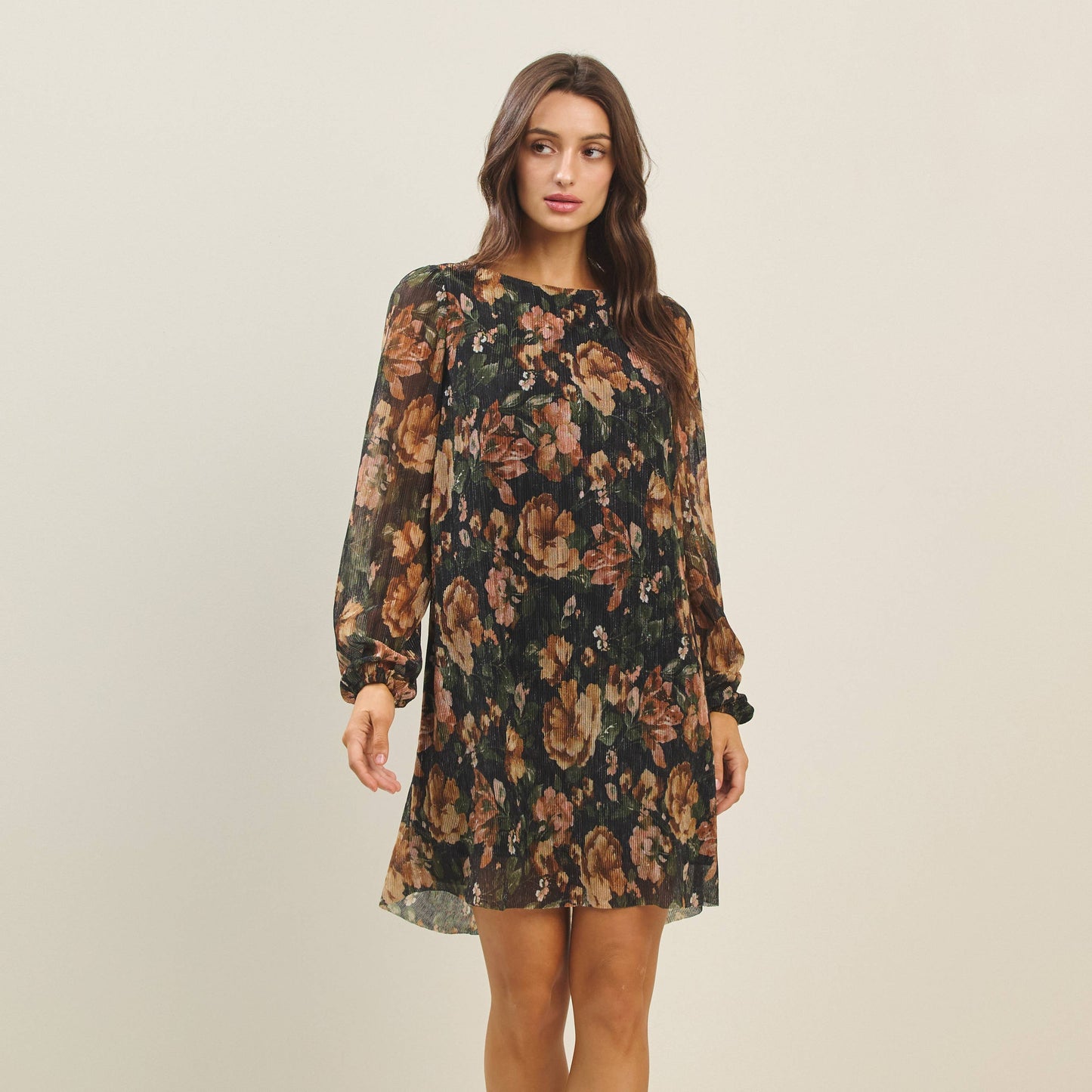Metallic floral print mini dress