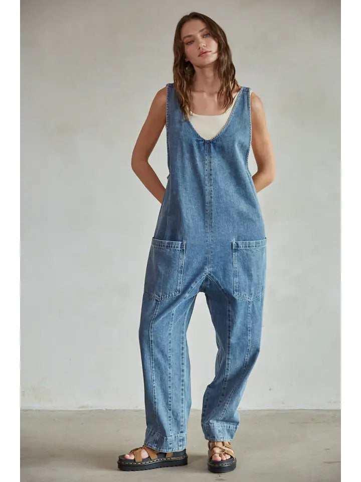 Denim Scoop Neck  Wide Leg Overall