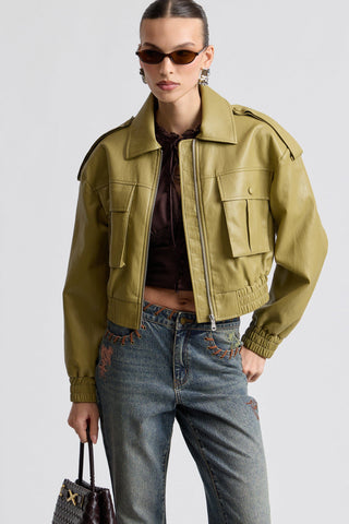 Oversized Strong Shoulder Faux Leather Bomber Jacket