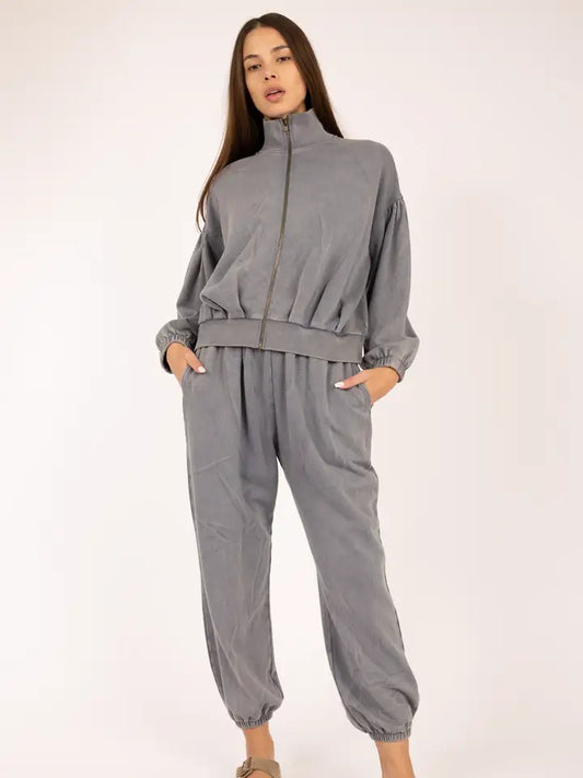 High Neck Puff Sleeve Zip Up