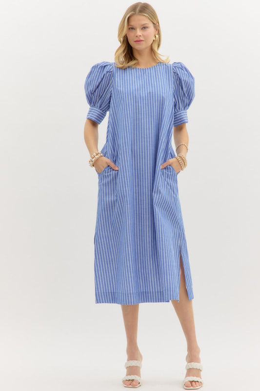 Puff Sleeve Striped Midi Dress