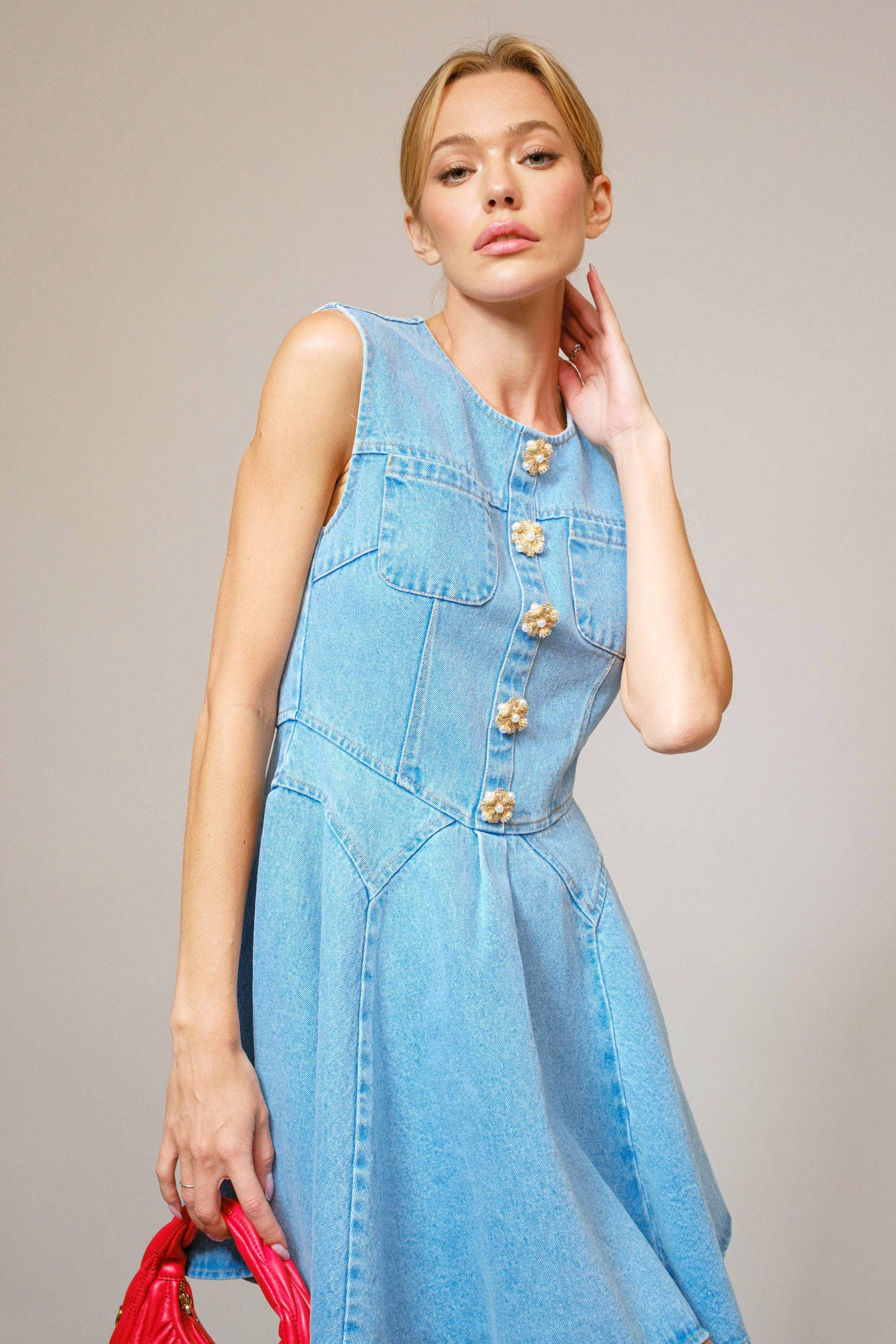 Jeweled Button Denim Flare Dress