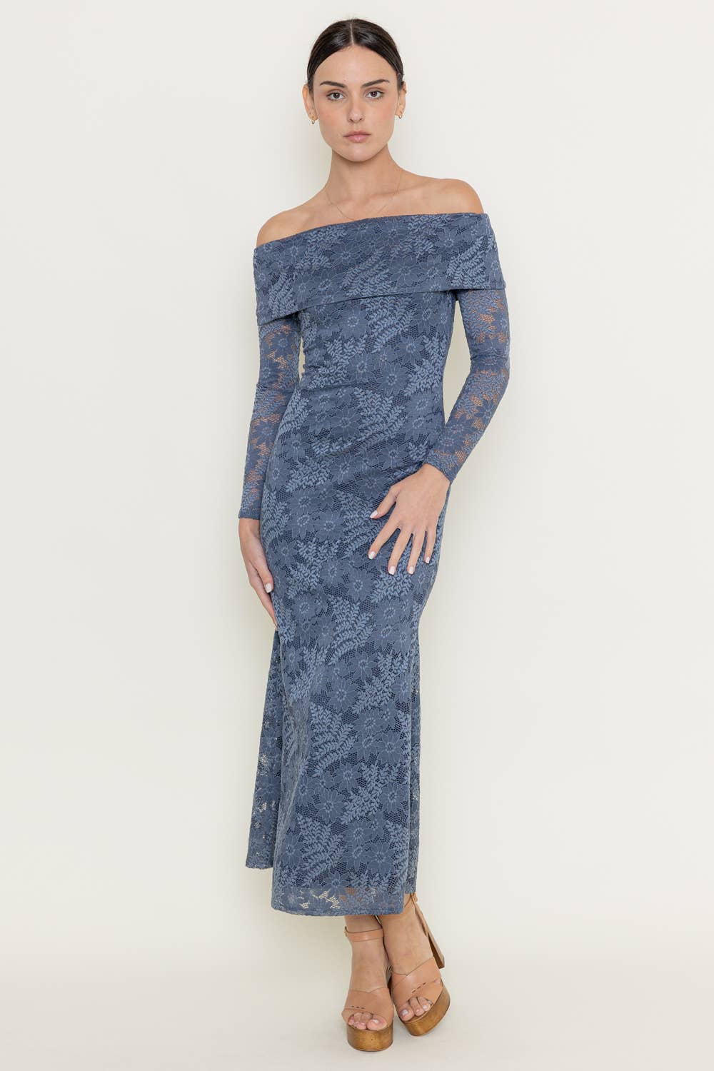 LACE FOLD OVER NECKLINE LONG SLEEVE MAXI DRESS