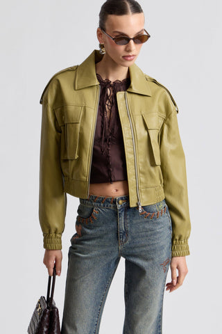 Oversized Strong Shoulder Faux Leather Bomber Jacket