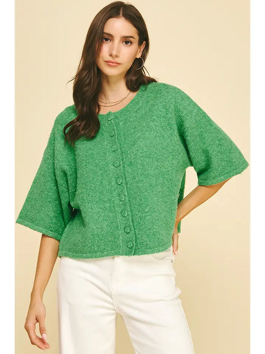 Green Button-Down Short Sleeve Sweater