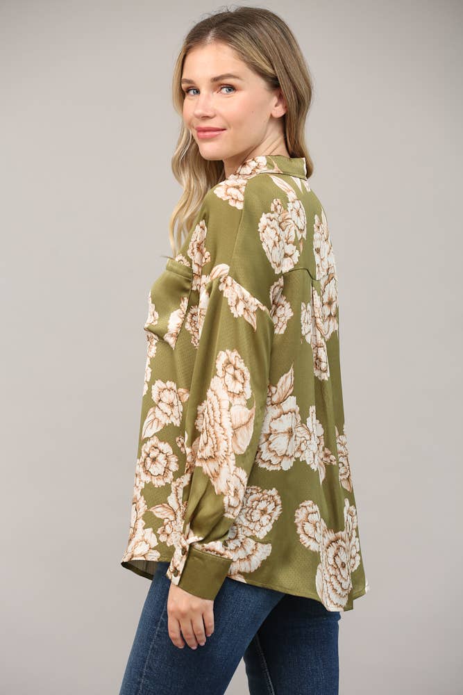 Olive Floral Button Down Shirt