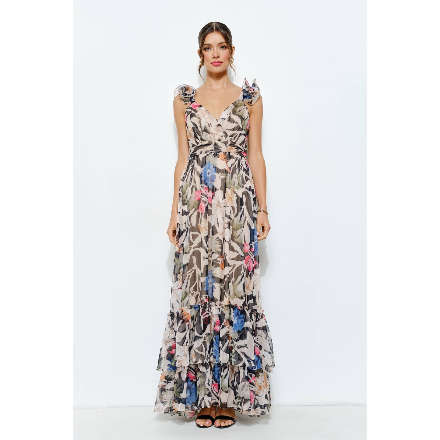 Ruffled Shoulder Floral Chiffon Tiered Maxi Dress