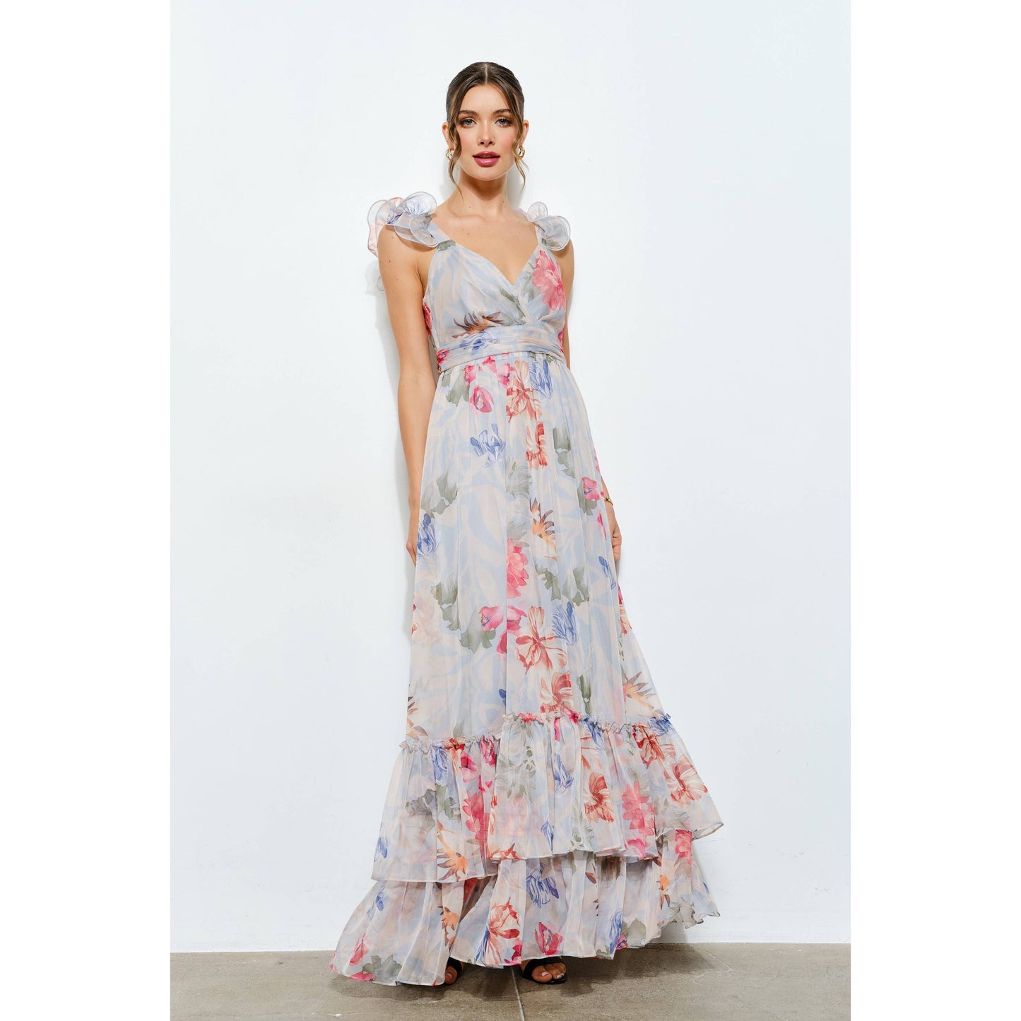 Ruffled Shoulder Floral Chiffon Tiered Maxi Dress