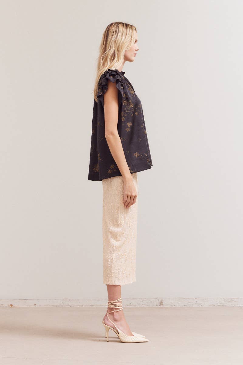 Black Floral Printed Top w/Ruffles