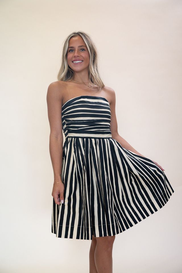 Striped Strapless Flare Mini Dress - Black