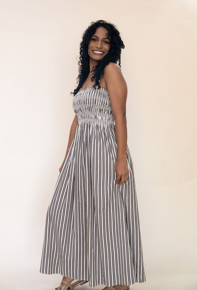 Bianca Shirred Bodice Dress - Java Stripe
