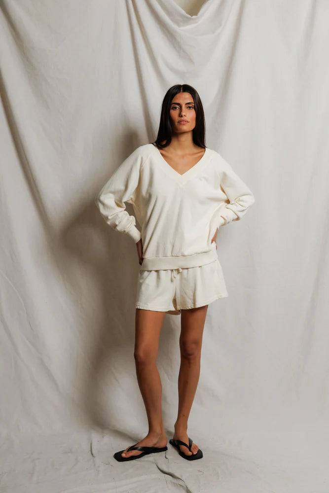 Sinead French Terry V Neck Sweatshirt- Bright Ivory