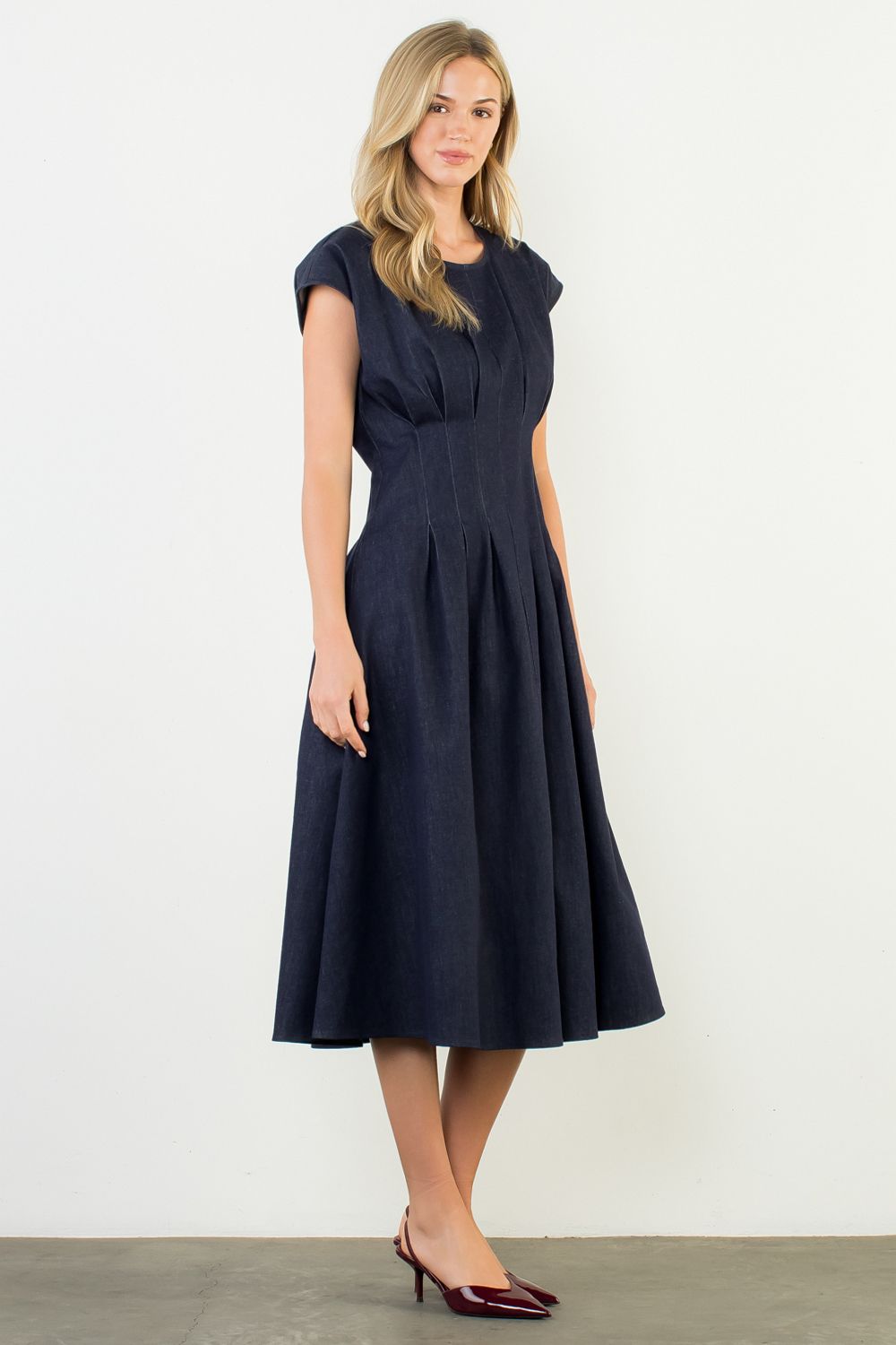 Cap Sleeve Denim Pleated Waist Midi Dress