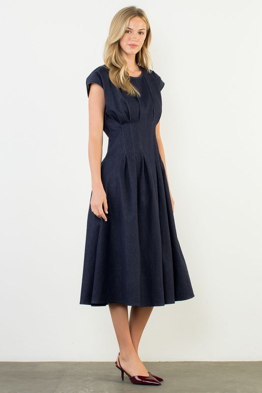 Cap Sleeve Denim Pleated Waist Midi Dress