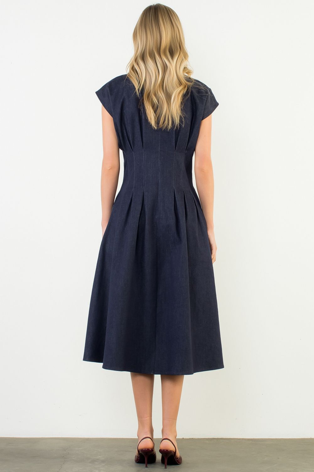 Cap Sleeve Denim Pleated Waist Midi Dress