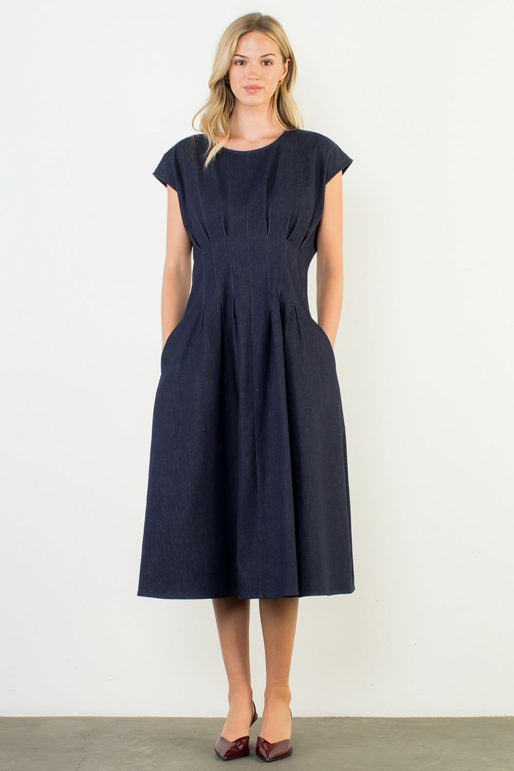 Cap Sleeve Denim Pleated Waist Midi Dress