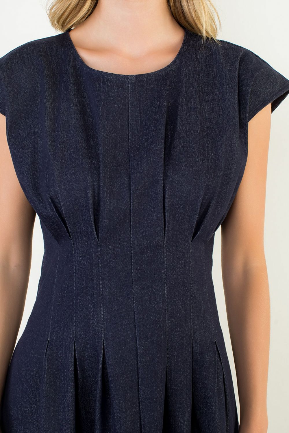 Cap Sleeve Denim Pleated Waist Midi Dress