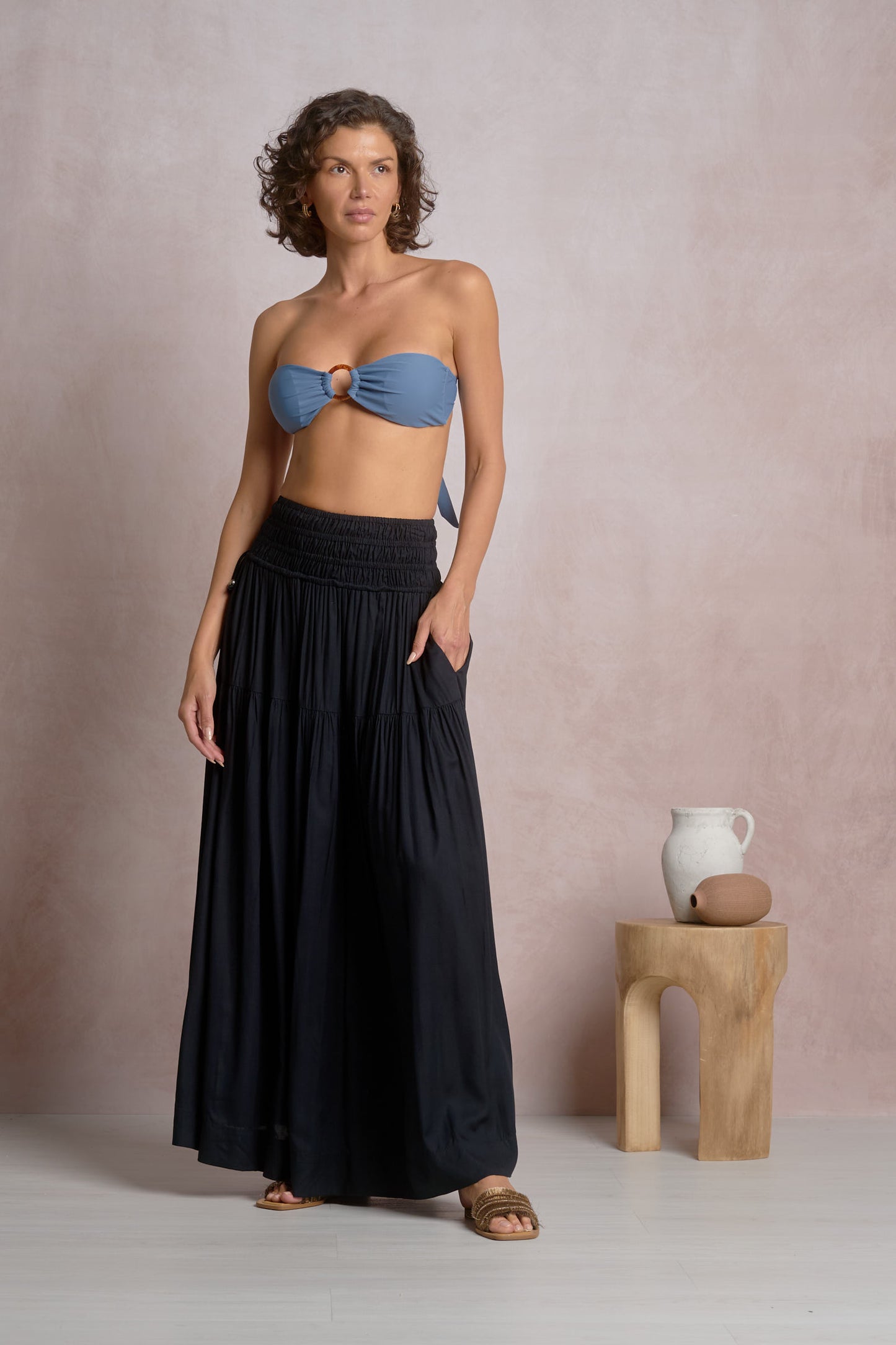 Black Smocked Midi Skirt