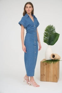 Stripe Denim Gathered Waist Dress